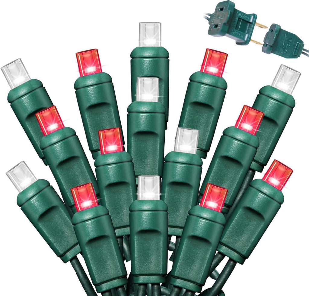 50L String Lights, LED Christmas Lights, 6" SPACING,Green Wire, Red and White