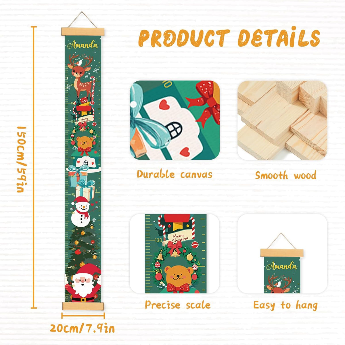 Personalized Name Growth Chart Wall Decor for Kids – Canvas Removable Height Chart Measuring Ruler 59" x 7.9" （Christmas Deer）