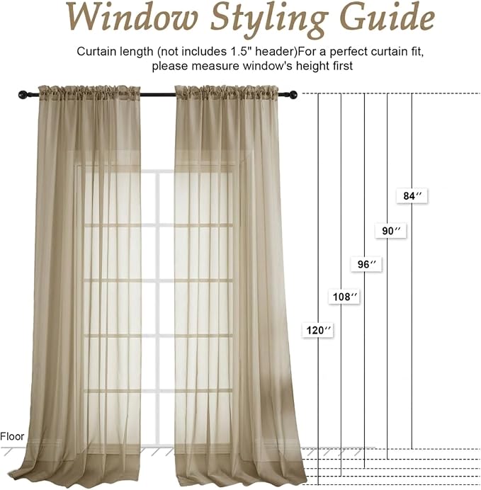 Taupe Sheer Curtains 63 Inches Long 2 Panels Set, Light Filtering Sheer Curtains - Image 2