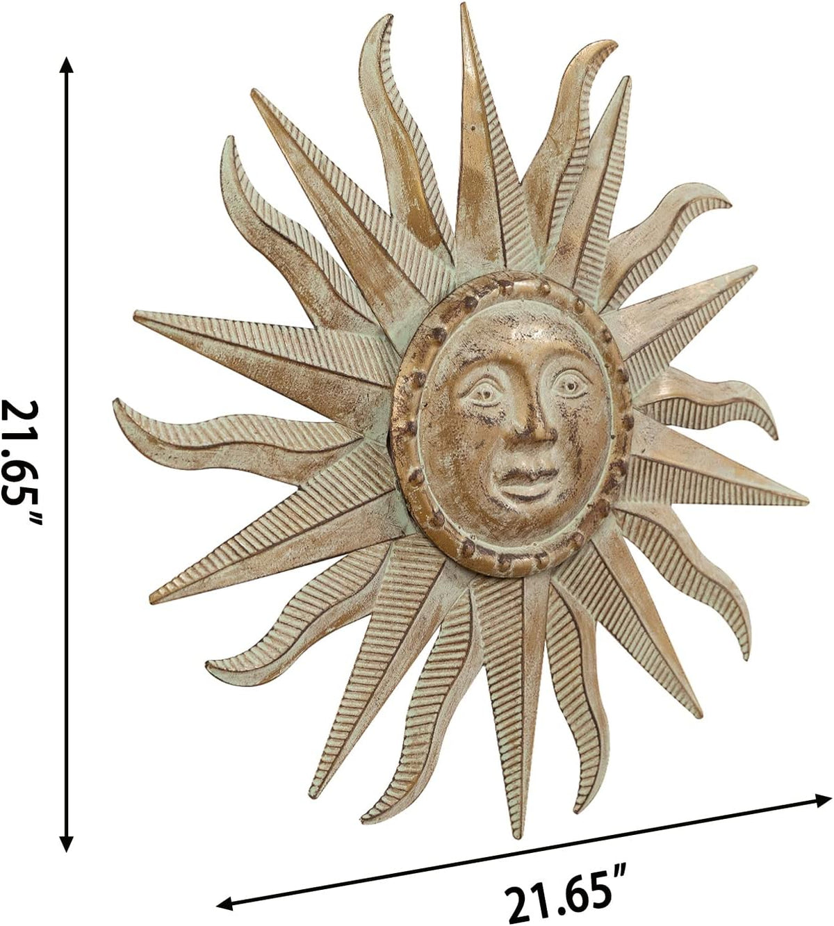 TICKCACY Metal Sun Wall Art Decor Sculpture, 3D Sun Wall Art Decoration Hanging for Outdoor Indoor Garden Farmhouse Yard Patio Living Room Bedroom, 21.65 Inch, Green-gold