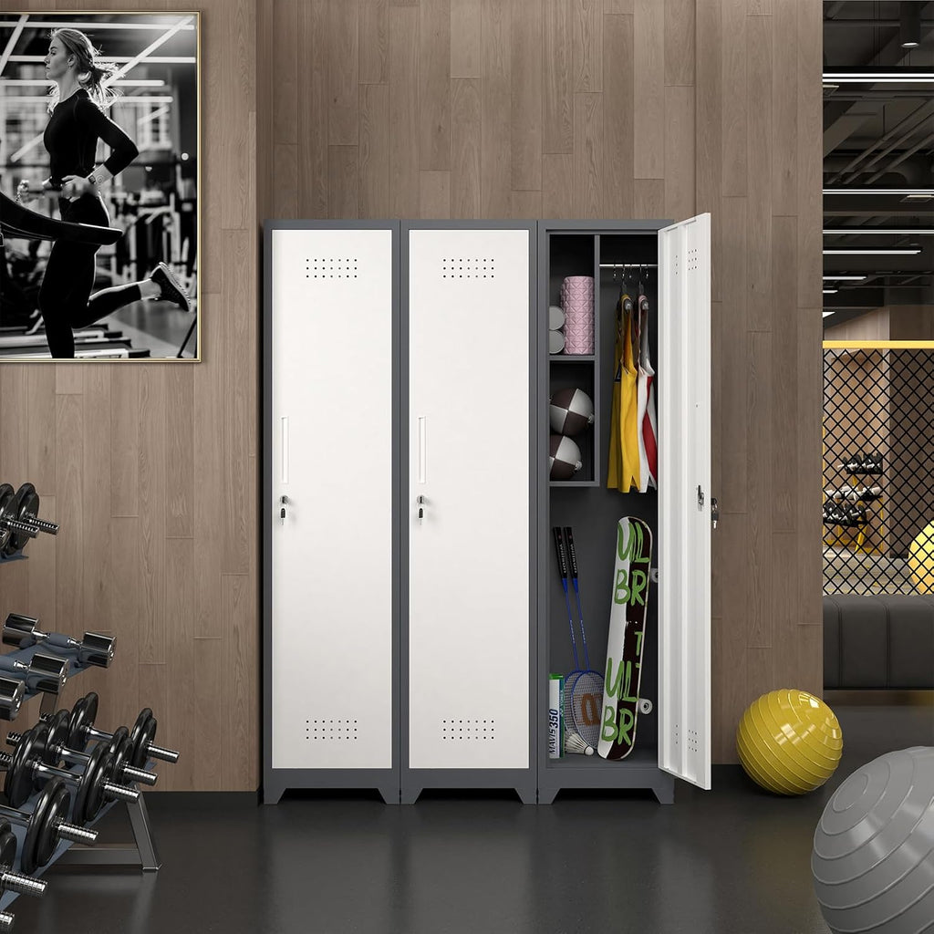 Storage Cabinet,Slim Broom Closet Storage Cabinets with Lockable Doors,Narrow Utility Cabinets with Hanging Rod,Tall Broom Closet for Laundry,Home Office,Grey-White