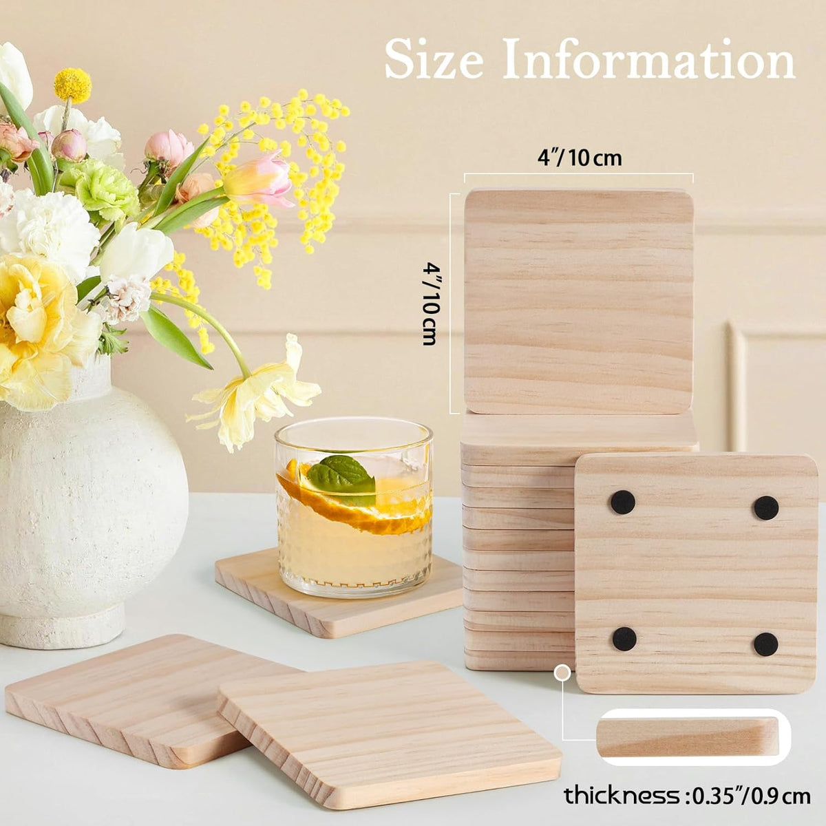 24 Pieces Unfinished Wood Coasters, GOH DODD 4 Inch Wooden Slices Blanks Bulk Set with Soft Foot Pads for Drinks Crafts Laser Engraving Wood Burning Staining Drawing Painting Decoupage Wedding, Square