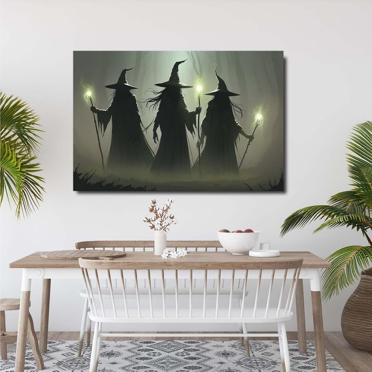 JFHCQJPK Vintage 3 witches canvas wall decor melancholy dark Halloween poster wall decor holding a staff print Gothic horror Halloween painting print for living room bedroom12x16in Frameless