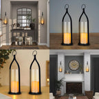 Metal Wall Sconce Candle Lantern Set of 2 - Black Wall Mounted Hanging Holder with Glass & Candles Vintage Wall Decor for Porch, Living Room, Dining Room, Bedroom Indoor Decor