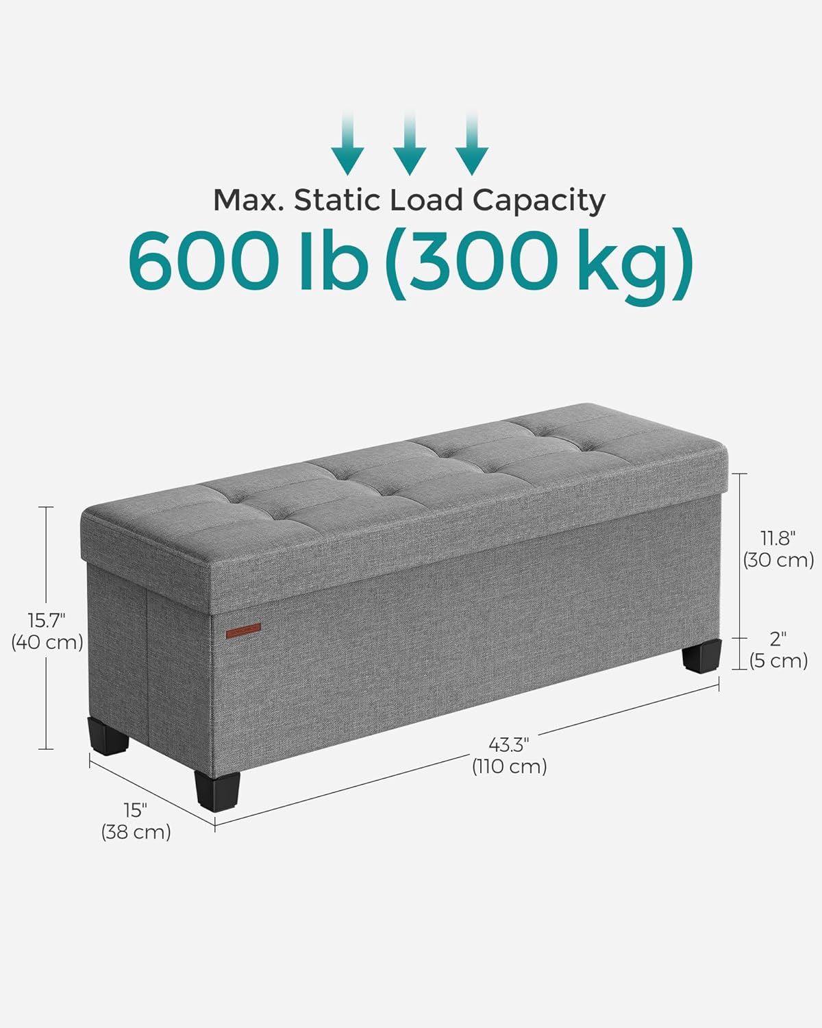 SONGMICS Storage Ottoman Bench, Foldable Foot Rest with Legs, 15 x 43 x 15.7 Inches, End of Bed Bench, Storage Chest, Load up to 660 lb, for Living Room, Bedroom, Entryway, Dove Gray ULSF018G02