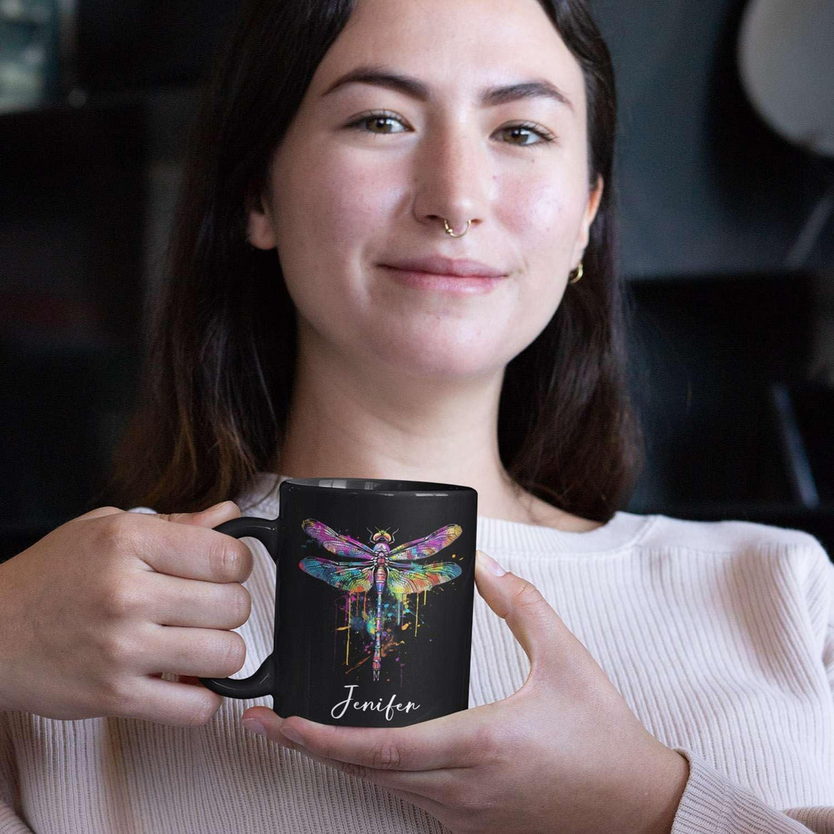 Colorful Dragonfly Ceramic Cup - Personalized Name Coffee Mug for Birthday, Gift for Son Daughter, Customized Black Animal Mug, Dragonfly Lover Cup 11oz 15oz