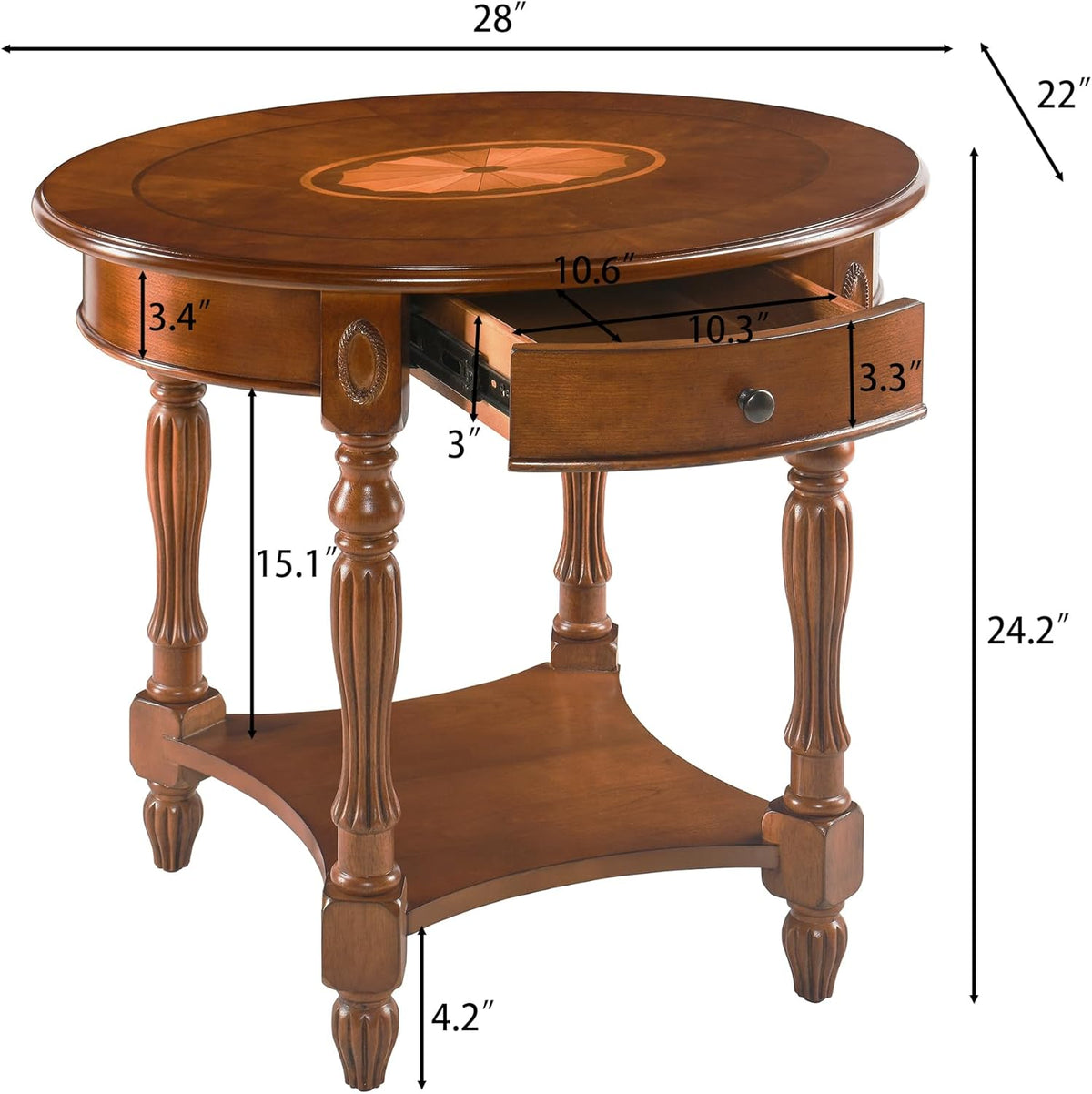 Solid Wood End Table with Drawer and Storage Shelf, Oval Sofa Side Table with Carved Legs, Living Room Corner Table, Large Beside Table, Elegant Vintage, No-Tools Assembly, Caramel Brown CJZ1533MG