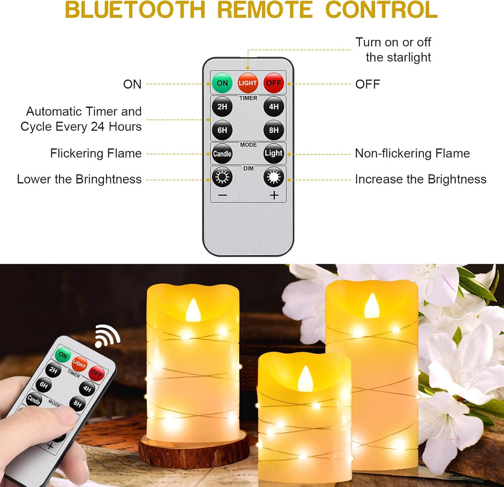 Flameless battery Operated LED candles with 11 Key remote control 24-hour timer Set of 3， With embedded string lights electric flickering pillar Real Wax ，Party, Wedding, Home Decoration(lvory)