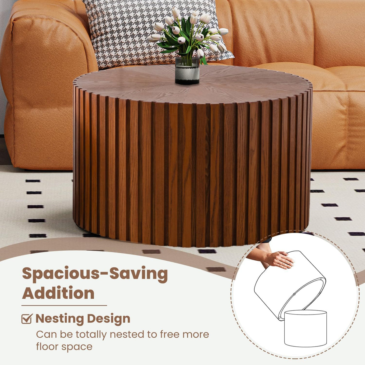 WXFKLDJ Round Nesting Coffee Table Set Cylindrical Wooden Coffee Table Sofa Center Table Circle Embossed Design Side Table for Living Room Apartment No Assembly (Striped Brown Large)