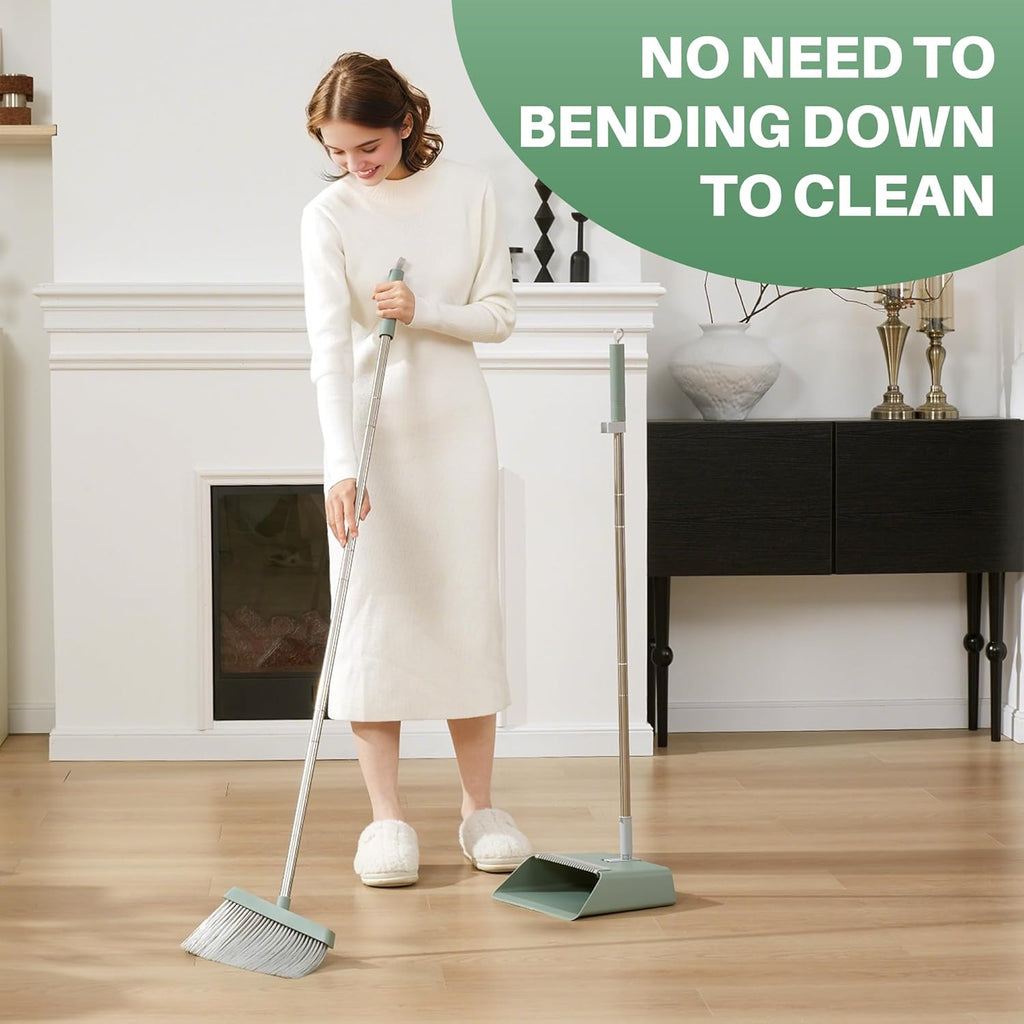 JOYMOOP Dark Teal Green Broom and Dustpan Set with 56” Handle, Upright Angle with Comb Teeth for Pet Hair and Hardwood Floors