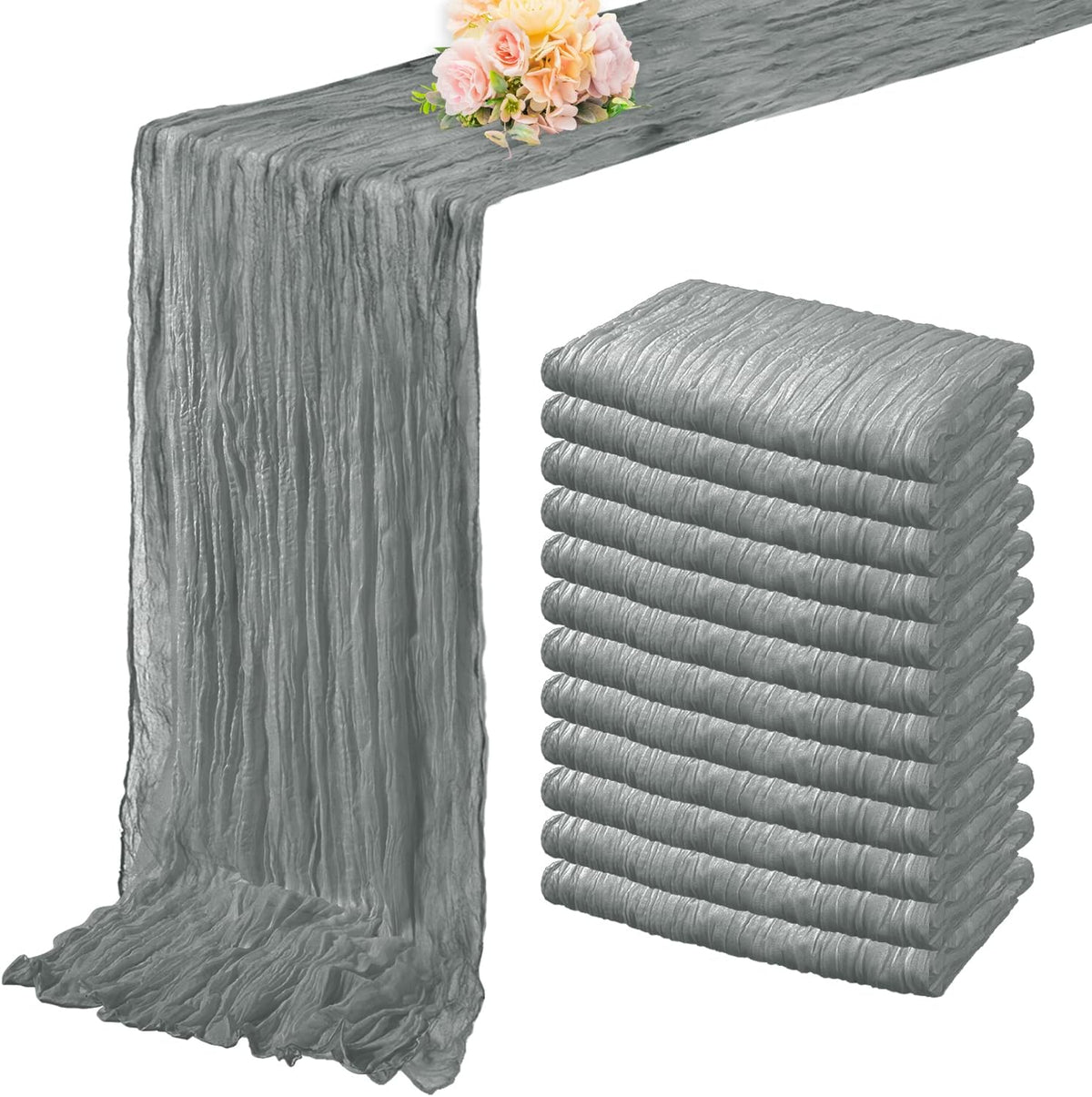 12 Pack Gray 10FT Cheesecloth Table Runner Rustic Gauze Fabric Cheese Cloth Table Runner for Wedding Bridal Baby Shower Table Decor 20 x 120 Inch Long Boho Sheer Birthday Party Table Decorations