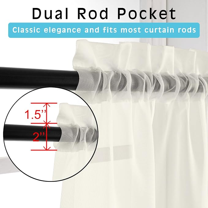 Sheer Ivory Curtains 108" Inch Length 2 Panels Set, Light Filtering Soft Rod - Image 2