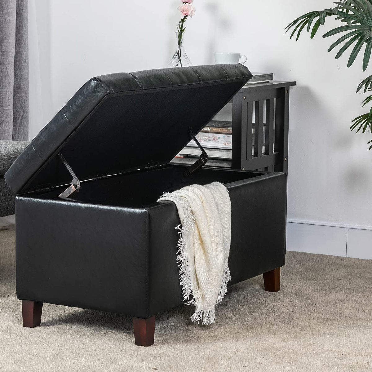 Asense Storage Ottoman Bench, Faux Leather Upholstered End of Bed Bench with Safety Hinge Wooden Legs, for Entryway Bedroom (Black, 33.3")
