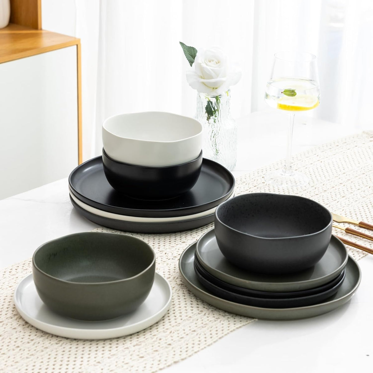 AmorArc Ceramic Dinnerware Sets, Wavy Rim Stoneware Plates and Bowls Sets, Highly Chip and Crack Resistant | Dishwasher & Microwave Dishes set, Service for 4 (12pc)-4 Color
