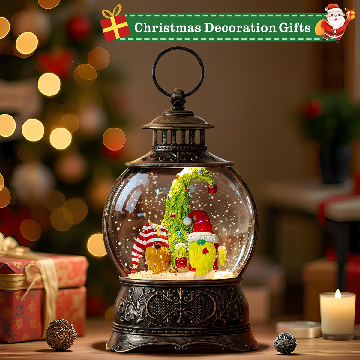 Christmas Snow Globes Christmas Water Lantern with Gnome Wearing Christmas Hats, Music & 6H Timer, USB Lined/Battery Operated Lighted Lanterns for Xmas Festival Decoration Gifts