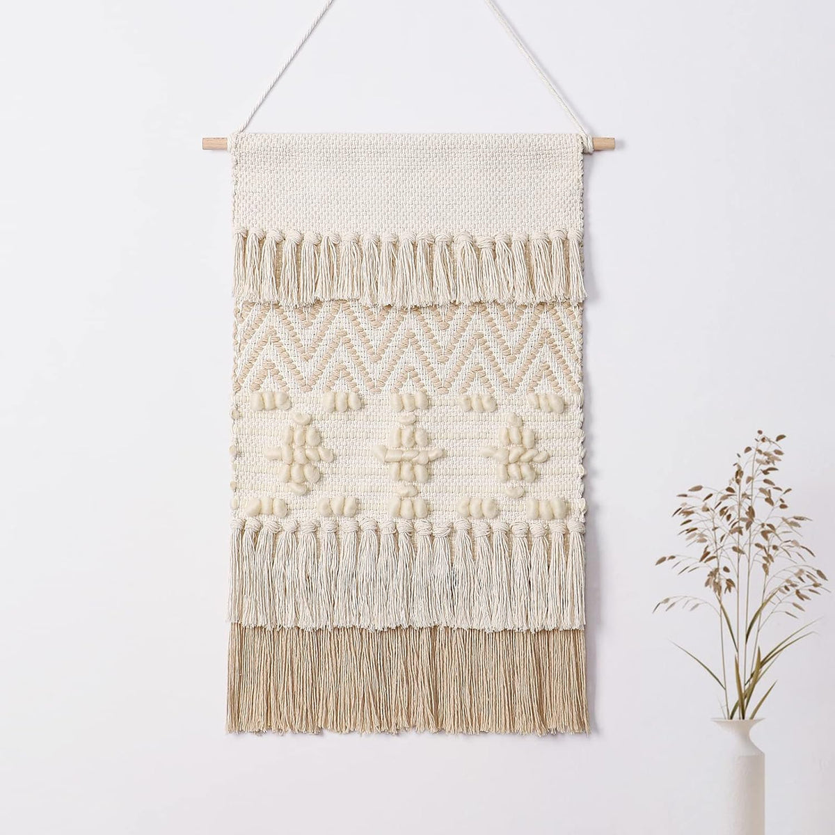 Dremisland Macrame Woven Wall Hanging Home Decor Bohemian Beige Geometric Wave Art Decor with Wool Ball and Tassle-Elegant Apartment Bedroom Dorm Room Door Decoration, 15.7" W x 22" L (Beige Wool Ball)