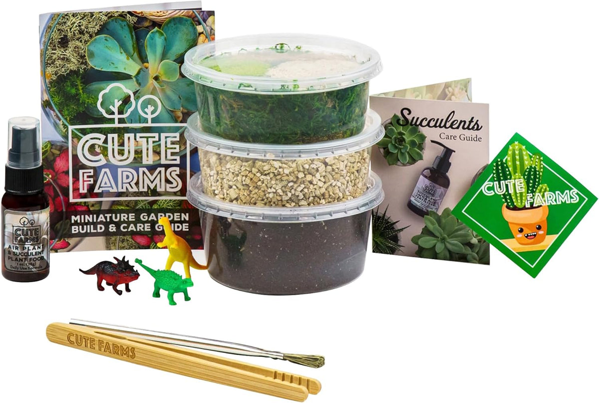 Cute Farms Terrarium Starter Kit | Moss, Vermiculite, Soil, Pebbles, Plant Food, Finishing Tools, Build and Care Guide | DIY Succulent Terrarium for Adults and Kids (Small)