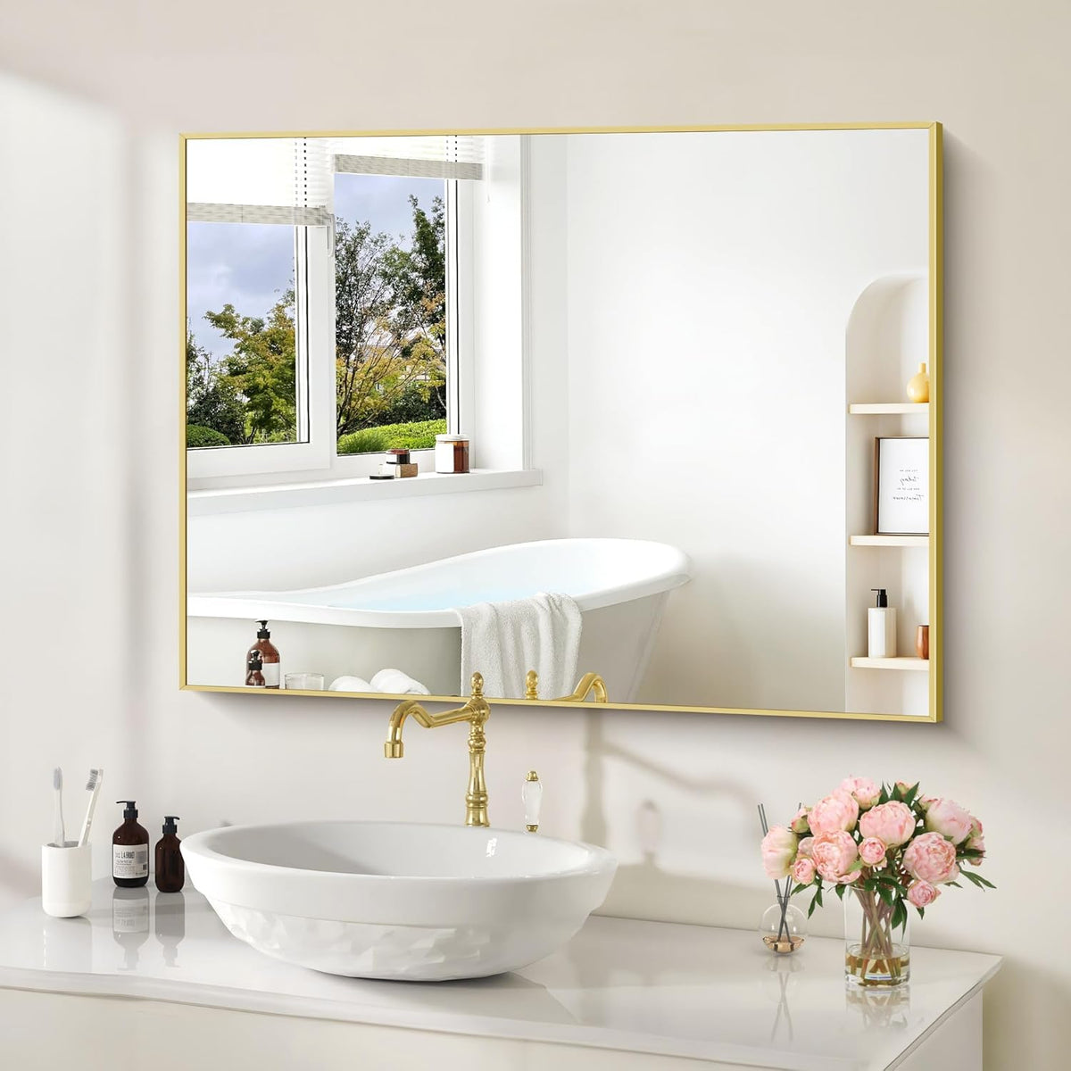 30x40In Gold Bathroom Mirror for Wall, Brushed Gold Rectangle Mirrors with Metal Frame, Bathroom Rectangular Mirror Modern Wall Mirror for Bedroom Living Room, Hangs Horizontal or Vertical