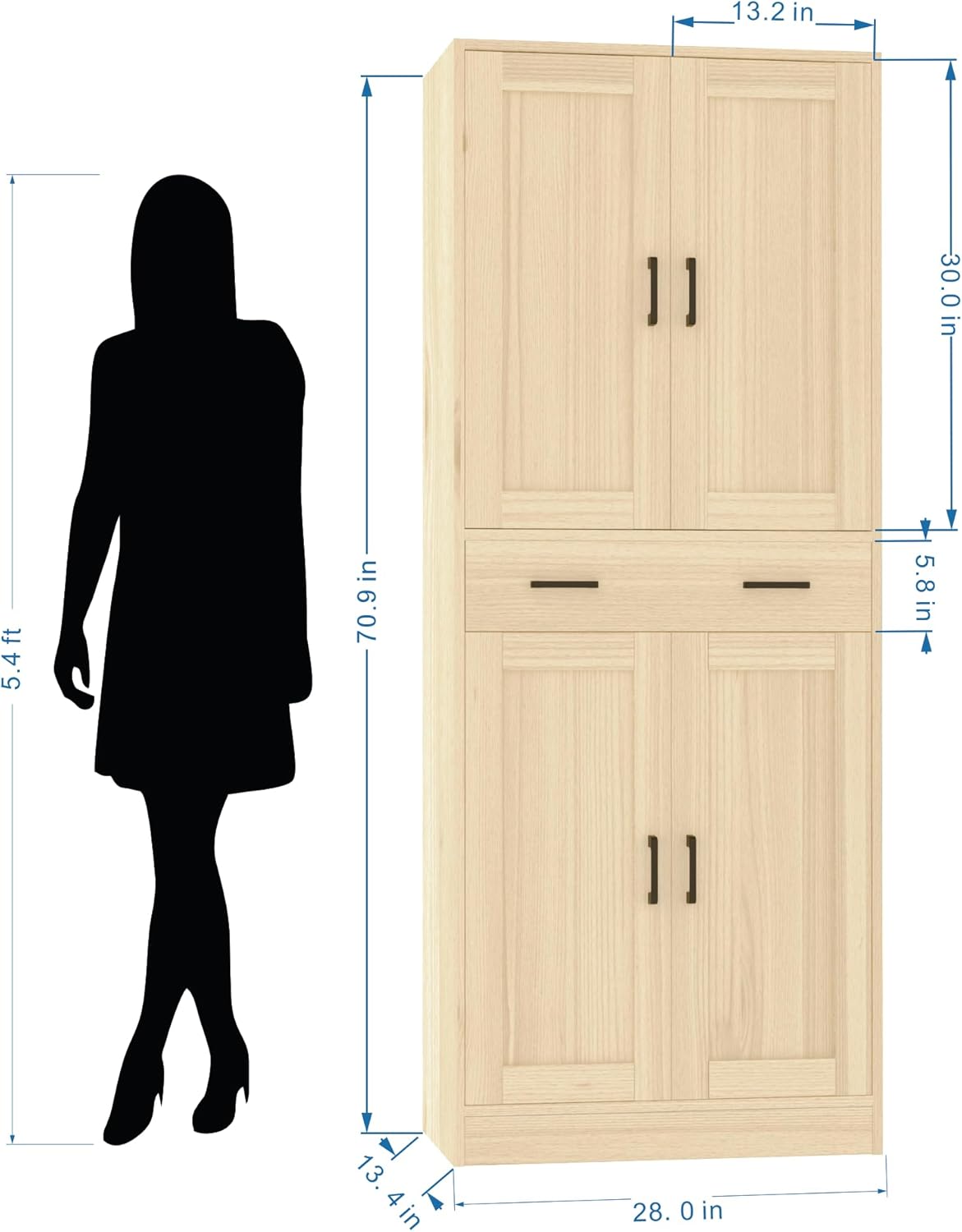 Oak Kitchen Pantry, 71" Tall Storage Cabinet with Doors and Drawer for Kitchen, Hallway, Office
