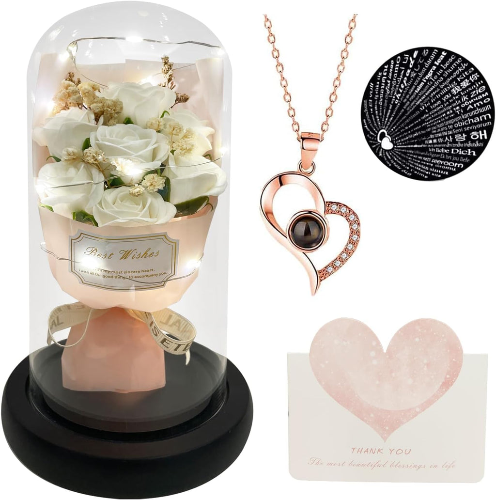 Gift for Her Forever Flower Bouquet for Delivery Prime Preserved White Roses Glass Dome LED Light 100 Languages I LOVE YOU Necklace Mothers Day Birthday Romantic Valentines Gift for Wife Women Mom