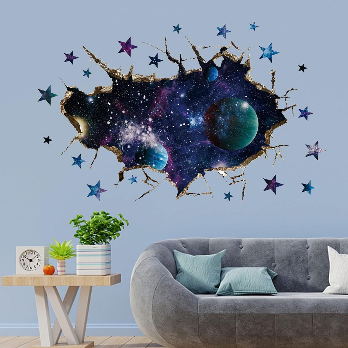 3D Space Galaxy Wall Decor Stickers, Removable Broken Outer Space Planet Waterproof Vinyl Floor Decals, 3D Art Magic Wall Mural Decals for Bedroom Living Room Home Wall Decor