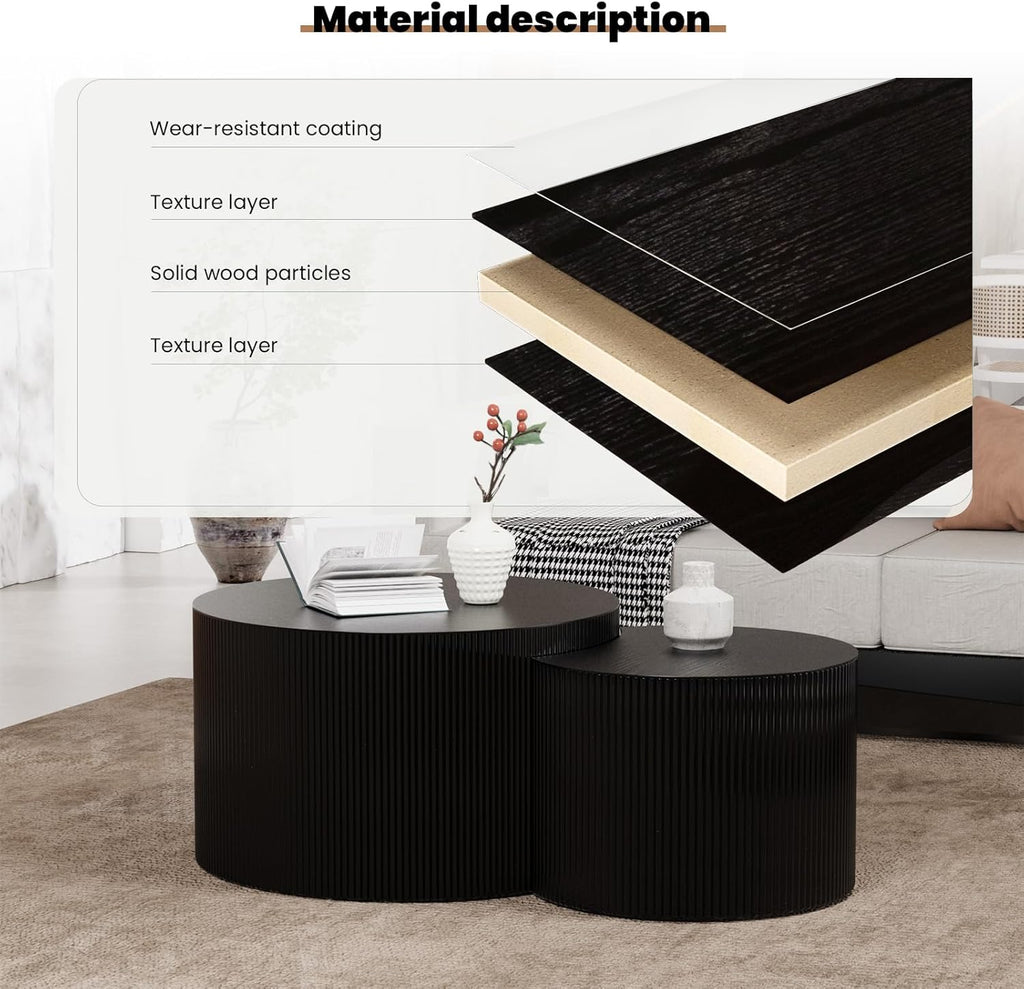 Round Nesting Coffee Table Set of 2 Handcraft Circle Fluted Nesting Coffee Tables Circular Side Table Drum Accent End Tables for Living Room Bedroom (Black Large)