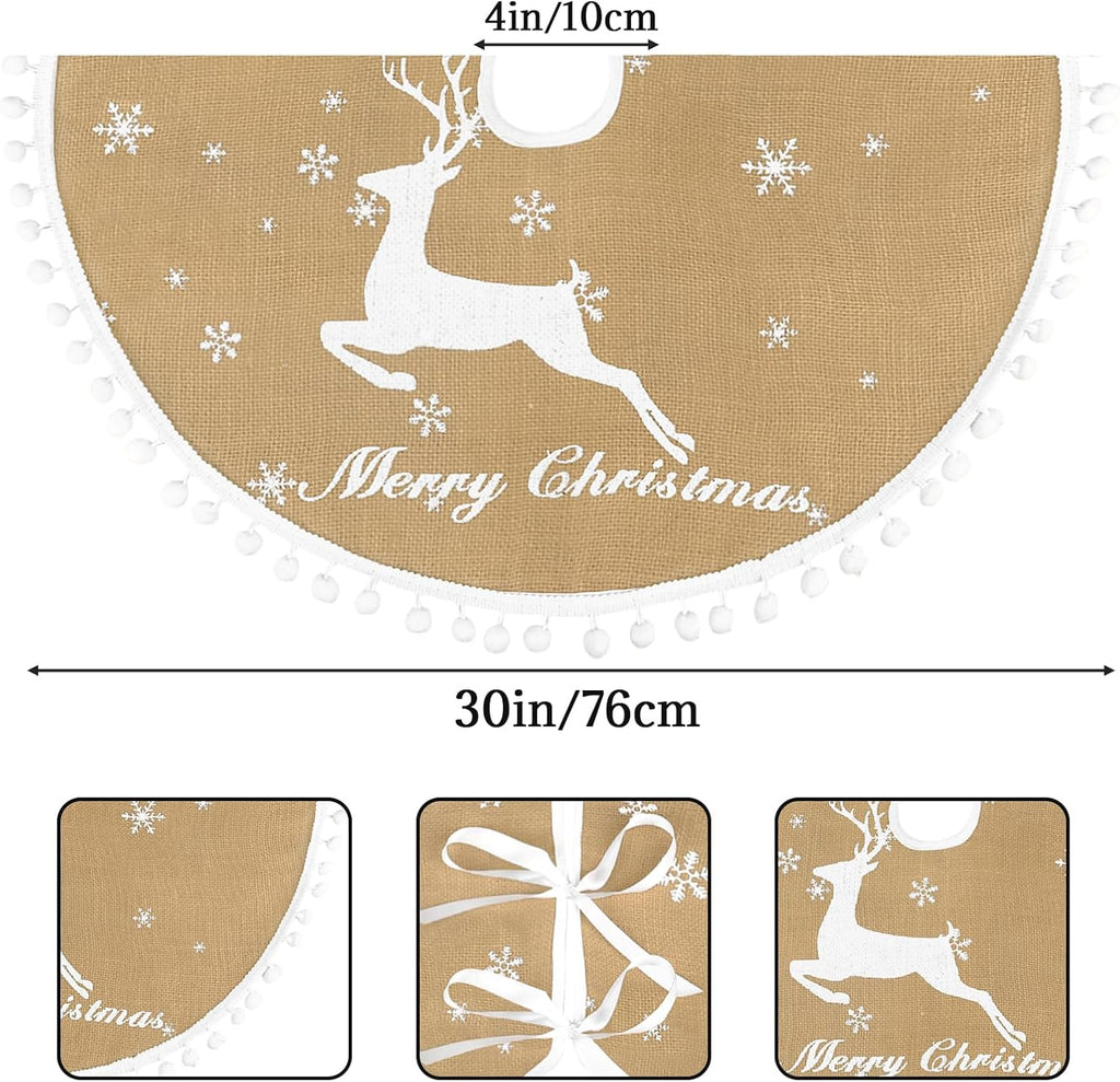 30 Inch Christmas Tree Skirt, Burlap Linen Color Christmas Rustic Tree Skirt with Elk Deer and White Snowflake Printed for Holiday Party Xmas Tree Decoration