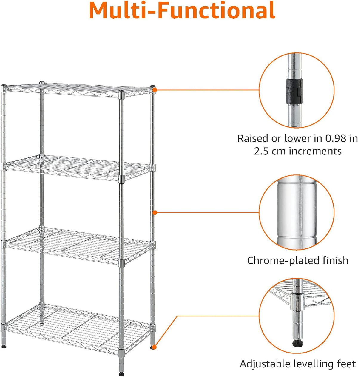 Amazon Basics 4-Shelf Adjustable, Storage Shelving Unit, (200 Pound Loading Capacity per Shelf), Steel Organizer Wire Rack, 13.4"D x 23.2"W x 48"H, Chrome