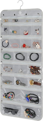 Freegrace Hanging Jewelry Organizer Revolving Hanger - Secure Zipper Closure - 25 Pockets,23 Hooks - Foldable Storage & Display Solution - For All Jewelry & Bijoux (Gray)