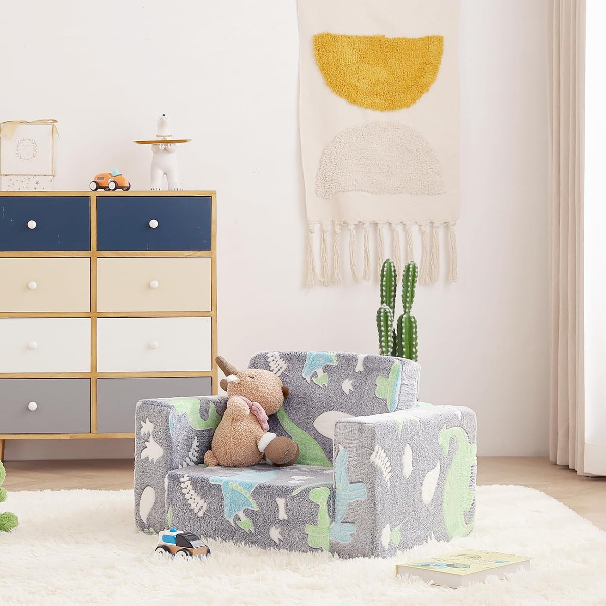 Toddler Chair Kids Couch, 2-in-1 Toddler Soft Sherpa Couch Fold Out Armchair with Removable Cover, Convertible Reading Chair Toddler Sofa for Kids, Glow in The Dark Plush Grey Dinosaur