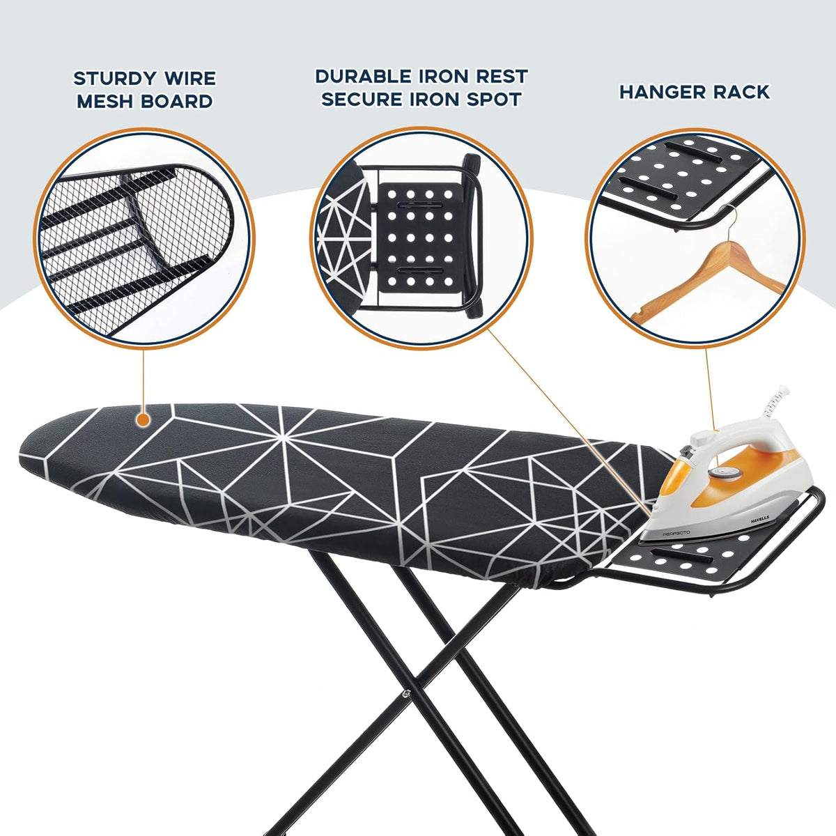 Ironing Board 43x13, Compact Iron Board Full Size with Heavy Duty Iron Rest, Thick Padded Cover, Adjustable Height, Sturdy Lightweight Steel Legs, Black