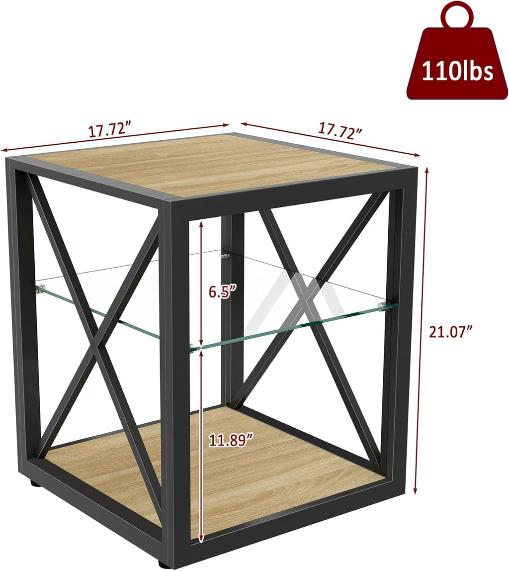 Farmhouse End Table Set of 2, Modern Side Table with 3-Tier Storage Shelf, Square Rustic Nightstand, Accent Tea Table, for Bedroom Office Living Room, Brown, Natural Wood, Glass, Metal