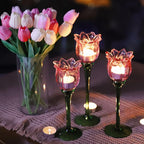 VOHO Pink Tulips Candle Holder, Romantic Pink Flower Votive Candle Holders for Wedding Bridal Shower Decorations, Tall Tealight Candle Holder Decor for Centerpiece Table(Set of3)