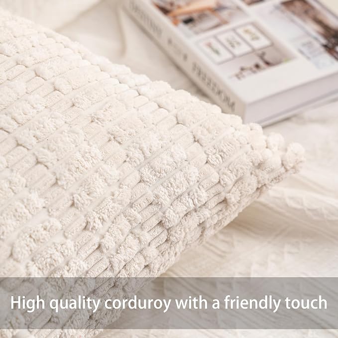 Pack of 2 Corduroy Decorative Throw Pillow Covers 12x20 Inch, Cream White | - Image 2