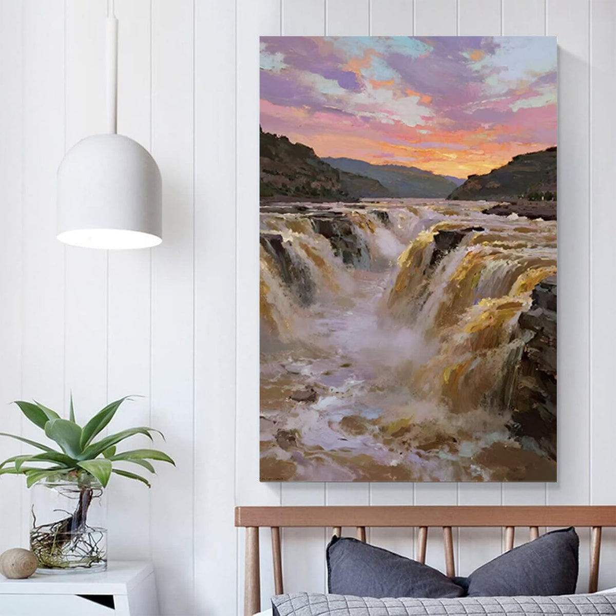 The surging waterfall scenery in the canyon is suitable for posting in the living room bedroom and office landscape posters