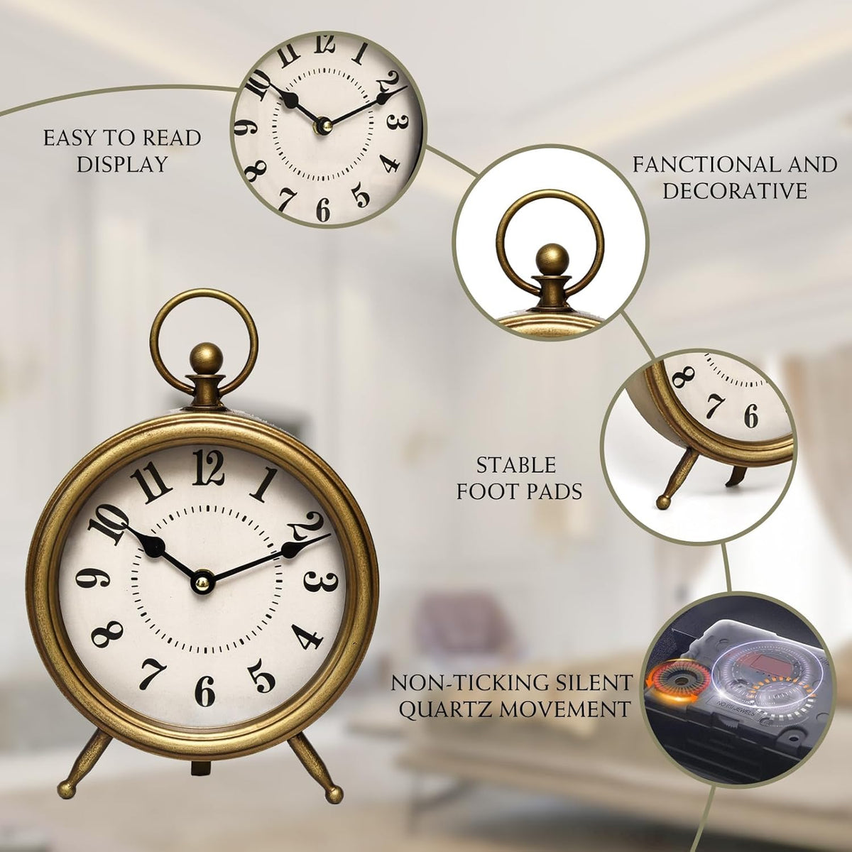 Vintage Table Clock on Stand, Decorative Desk and Shelf Clock Farmhouse Mantel Non-Ticking Clock Rustic Metal Frame with Antique Gold Finish