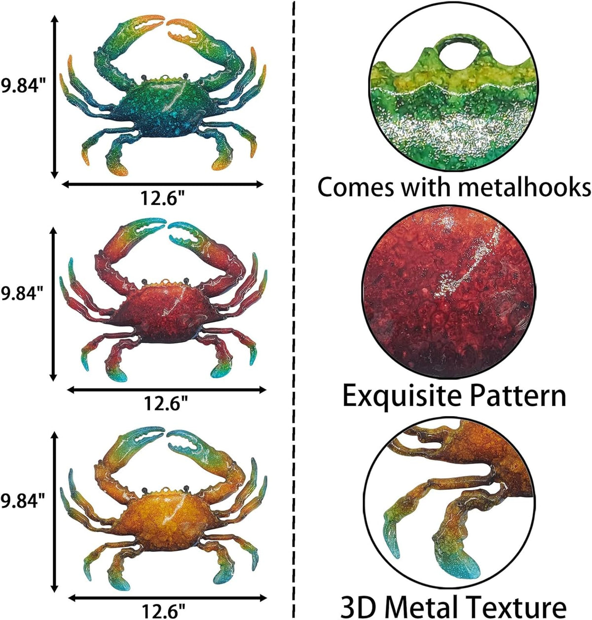 John's Studio Metal Crab Sea Wall Decor Outdoor Garden Hanging Art Sculptures Home Ocean Theme Decorations for Kitchen Bathroom and Pool - 3 PCS