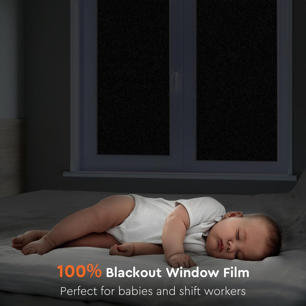 Kromapolis Blackout Window Privacy Film Total Light Blocking Room Darkening Window Covering, Removable Static Cling Frosted Glass Tint, Non-Adhesive, Black 35.4'' x 78.7''