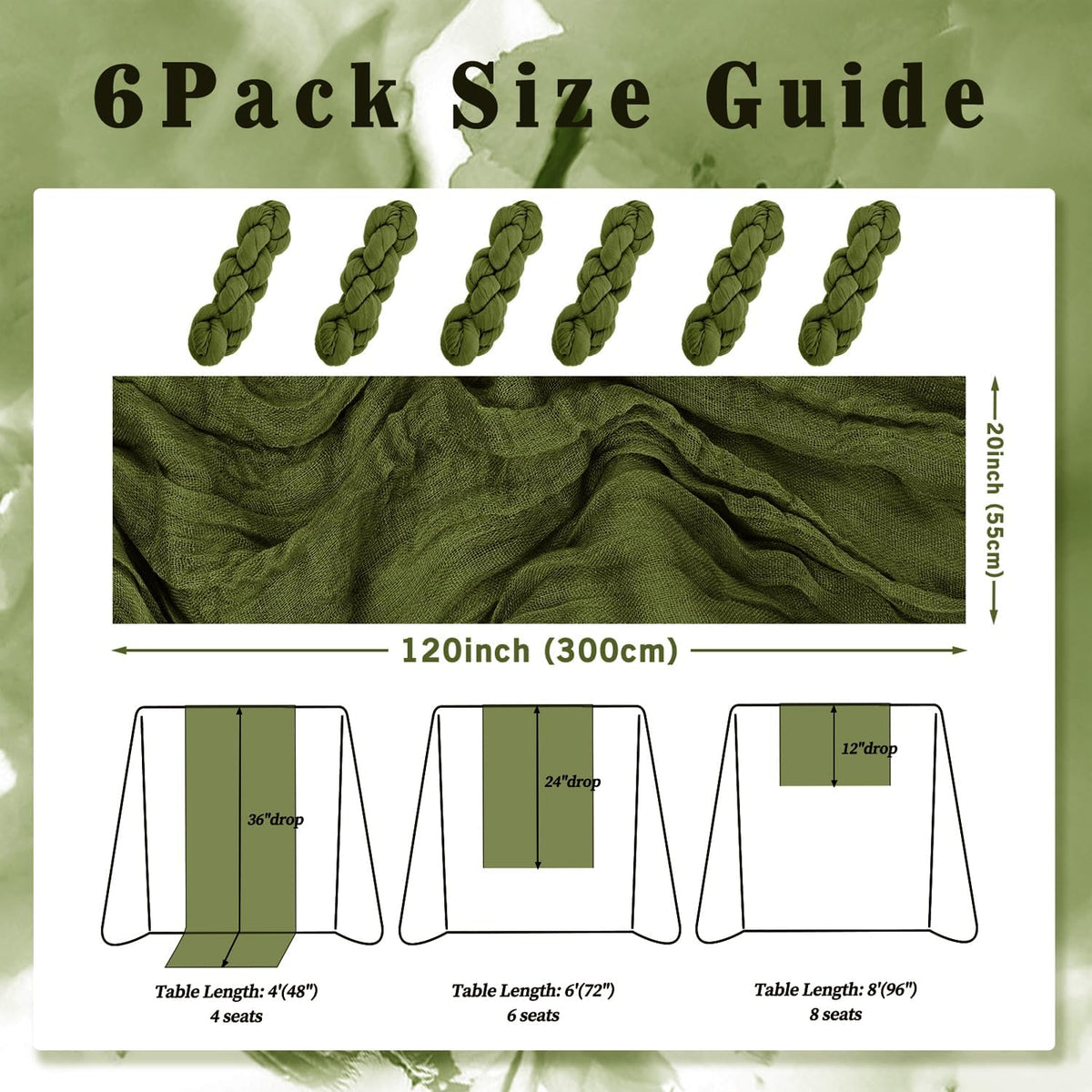 6 Pack Olive Green 10FT Cheesecloth Table Runner Rustic Gauze Cheese Cloth Table Runner for Wedding Bridal Baby Shower Table Decorations Boho Fabric Sheer Birthday Party Decor 20 x 120 Inch Long