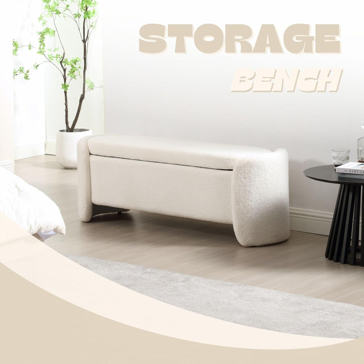 ROCTY White Boucle Storage Bench - 50" Sherpa Ottoman Bench for Bedroom, Entryway, Living Room & Vanity - Teddy Fabric with Storage & Seating