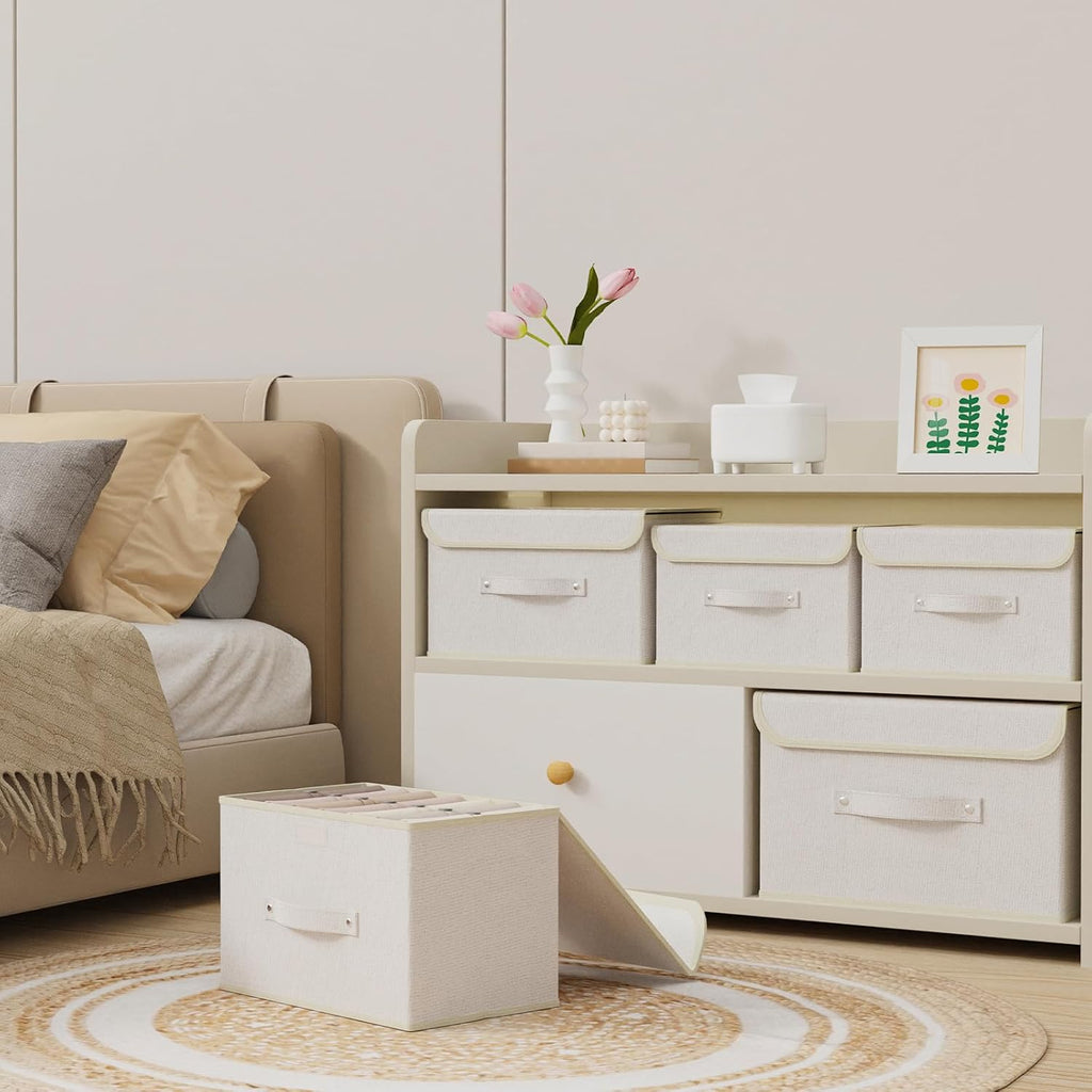 Storage Boxes, Collapsible Storage Bins with Lids, Cotton and linen cloth Storage Baskets with Handle, for Books, Closet, Bedroom, Home, 13x9.1x7.9 in, Beige
