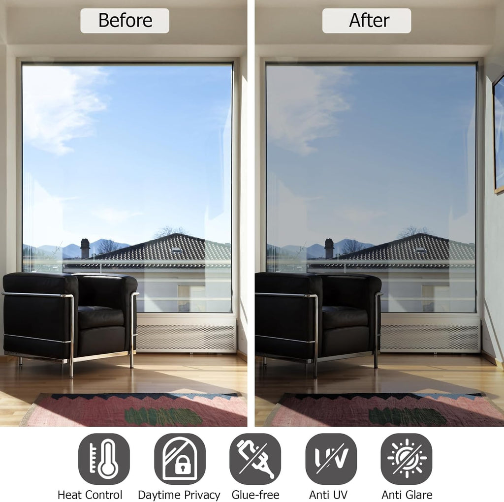 HIDBEA One Way Privacy Window Film, Daytime Privacy Sun Blocking Anti UV Reflective Window film Heat Control Static Cling Window Tint film for Home and Office, Silver, 35.4 x 393.7 Inch