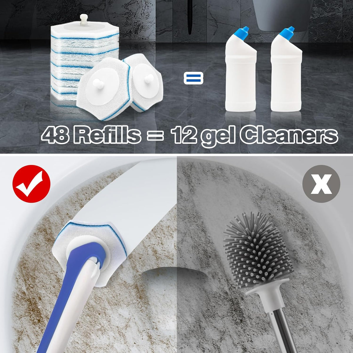 JEHONN Disposable Toilet Brush with 48 Wand Cleaner Refills, Wall Mounted Toilet Bowl Brush Holder Set, Bathroom Cleaning System for Sink Bathtub Wash Basin (Blue)