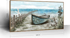 Extra Large Framed Wall Art for Living Room Coastal Décor Rustic Rowboat Canvas Print Big Beach Themed Painting Seagull Vintage Boat Sea Bird Artwork Oversized Blue Teal Seaside Ocean Picture for