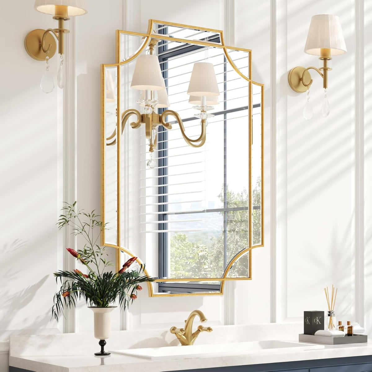Kelly Miller Gold Bathroom Mirror for Wall, 24"x36" Large Decorative Mirror Gold Wall Mirror Vanity Mirror Beveled Wall Decor for Master Bath Half Bath Living Room Bedroom Fireplace Mantle Entryway