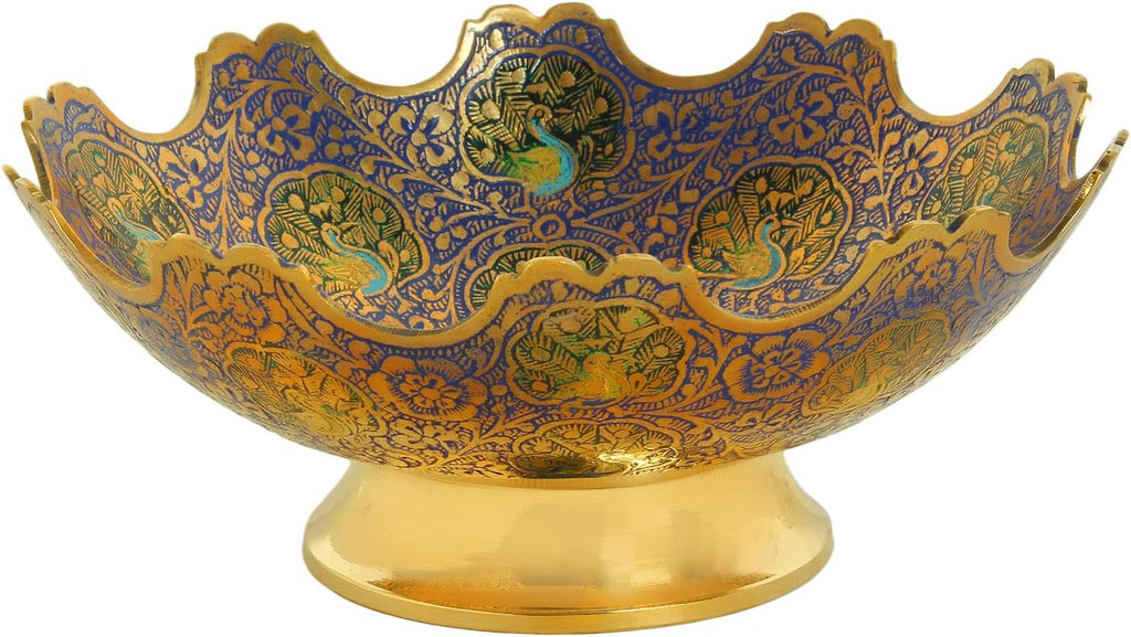 Brass Decorative Dry Fruit Bowl Multipurpose Serving Bowl carving Work - Size- 7" Beautiful Blue Color Peacock design Kitchenware Gift