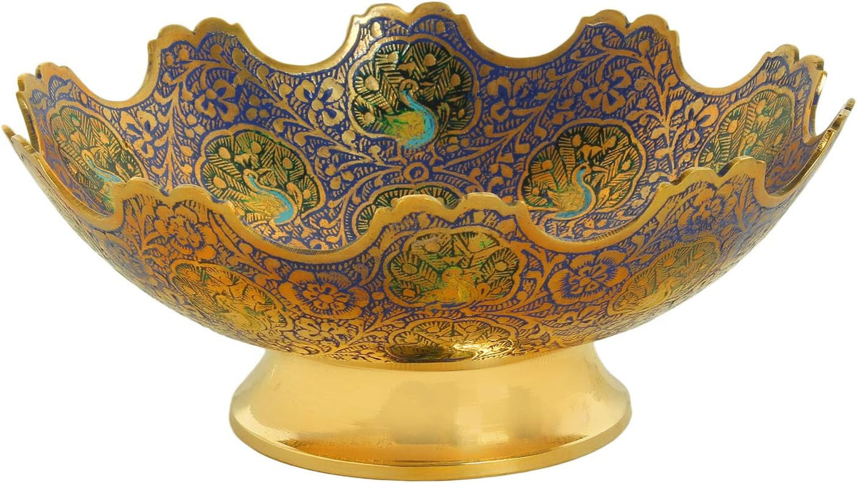 Brass Decorative Dry Fruit Bowl Multipurpose Serving Bowl carving Work - Size- 7" Beautiful Blue Color Peacock design Kitchenware Gift