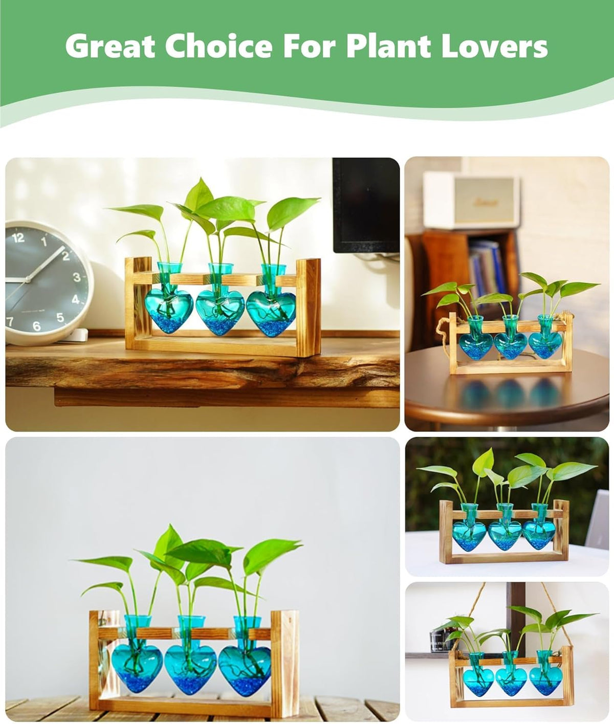 Nacome Plant Terrarium for Office Decor: Birthday Gifts for Plant Lovers Women Mom Wife - Wooden Stand Tabletop Planter 3 Bulb Glass Vase Heart Shaped for Hydroponics Indoor Home