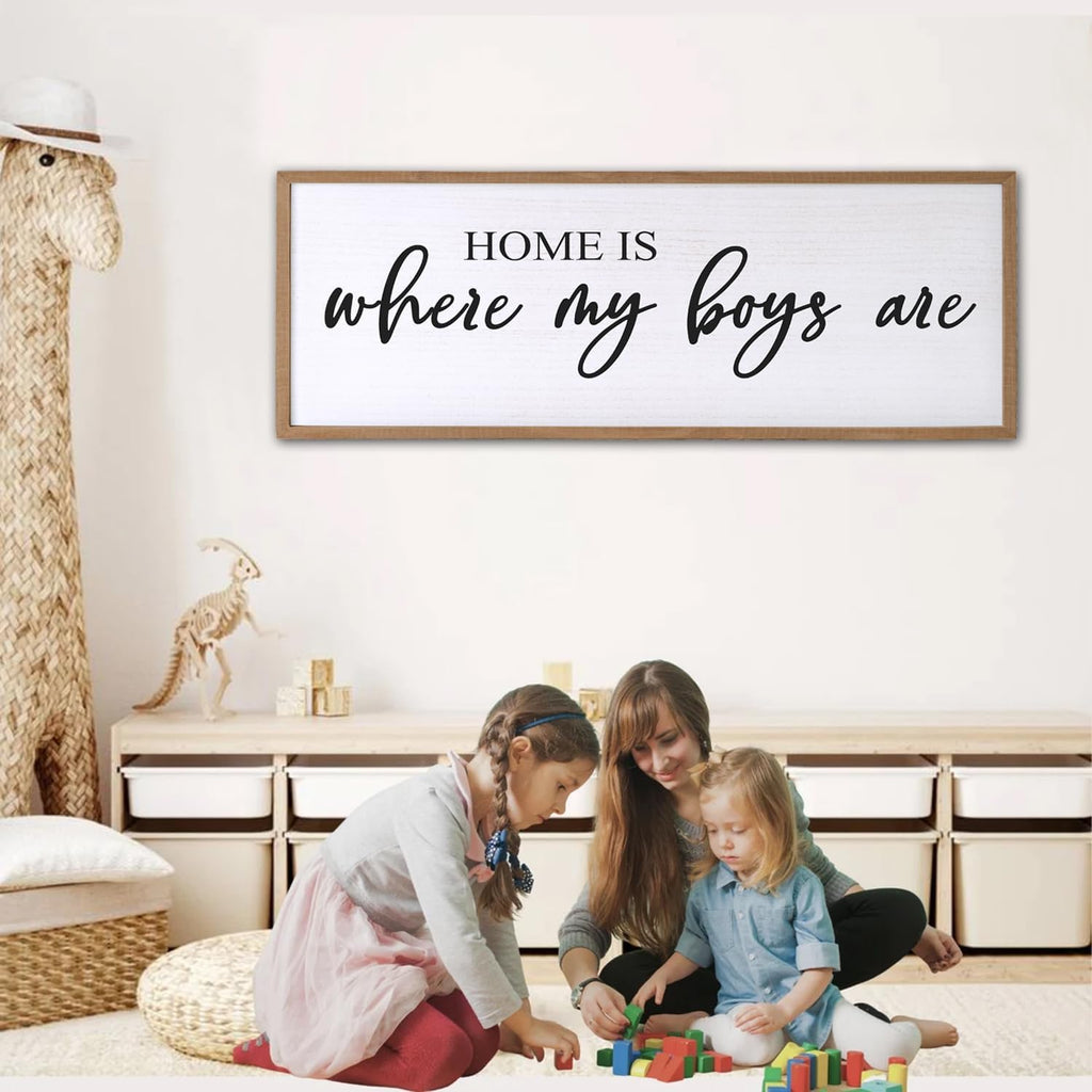 Home is Where My Boys are Sign Framed Wall Art, 32''×12'' Rustic Horizontal My Son Plaque with Natural Frame for Baby Kid Boy Son Teen Toddlers Room, Horizontal Mom of Boys Gifts Nursery Decor