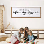 Home is Where My Boys are Sign Framed Wall Art, 32''×12'' Rustic Horizontal My Son Plaque with Natural Frame for Baby Kid Boy Son Teen Toddlers Room, Horizontal Mom of Boys Gifts Nursery Decor